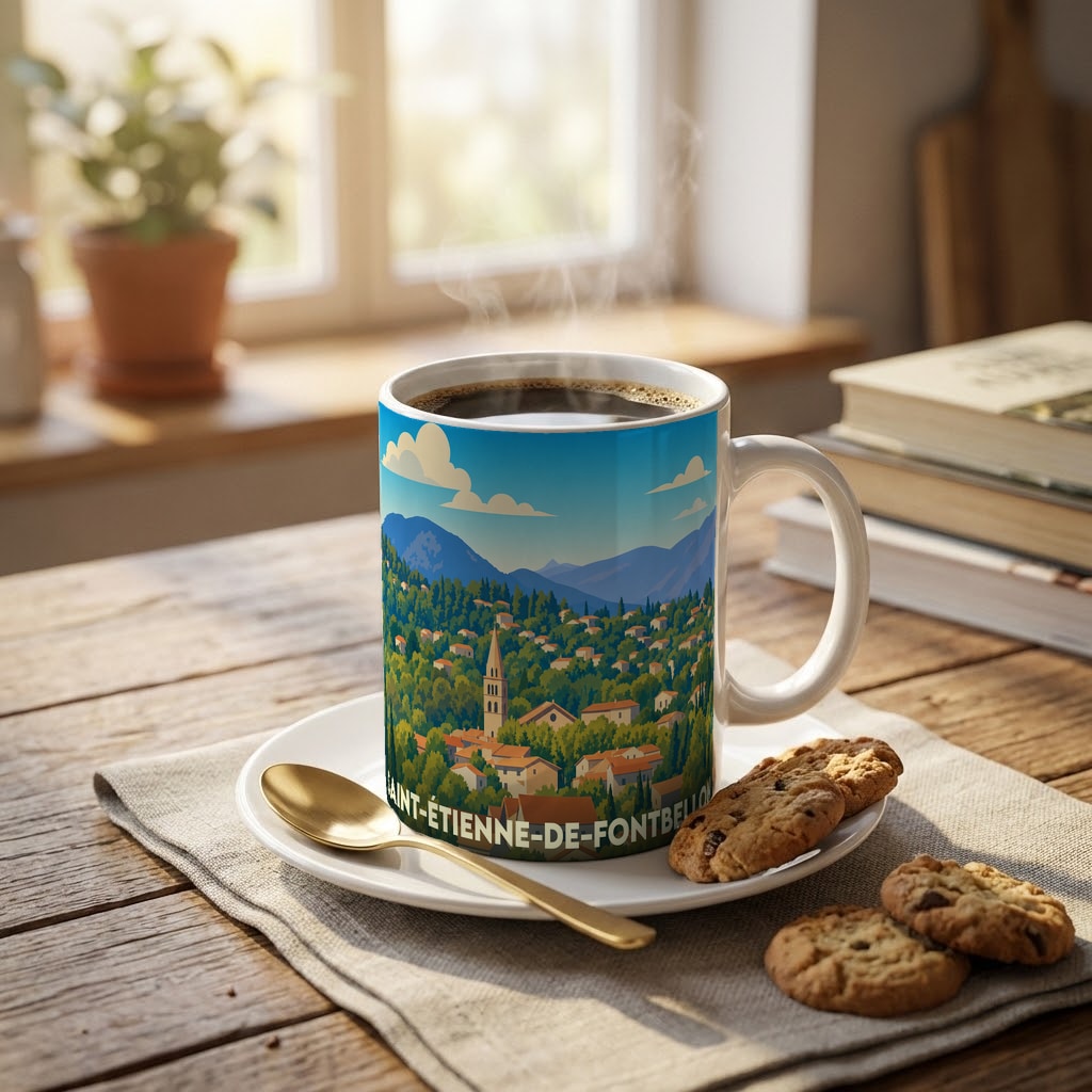 Mug souvenir de la ville de Saint-Étienne-de-Fontbellon avec une illustration panoramique stylisée.