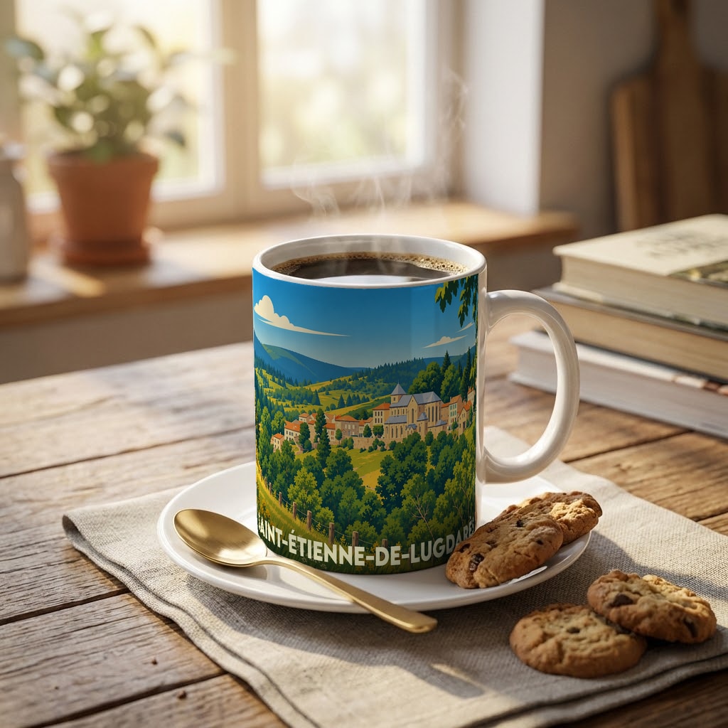 Mug souvenir de la ville de Saint-Étienne-de-Lugdarès avec une illustration stylisée de son paysage vallonné.