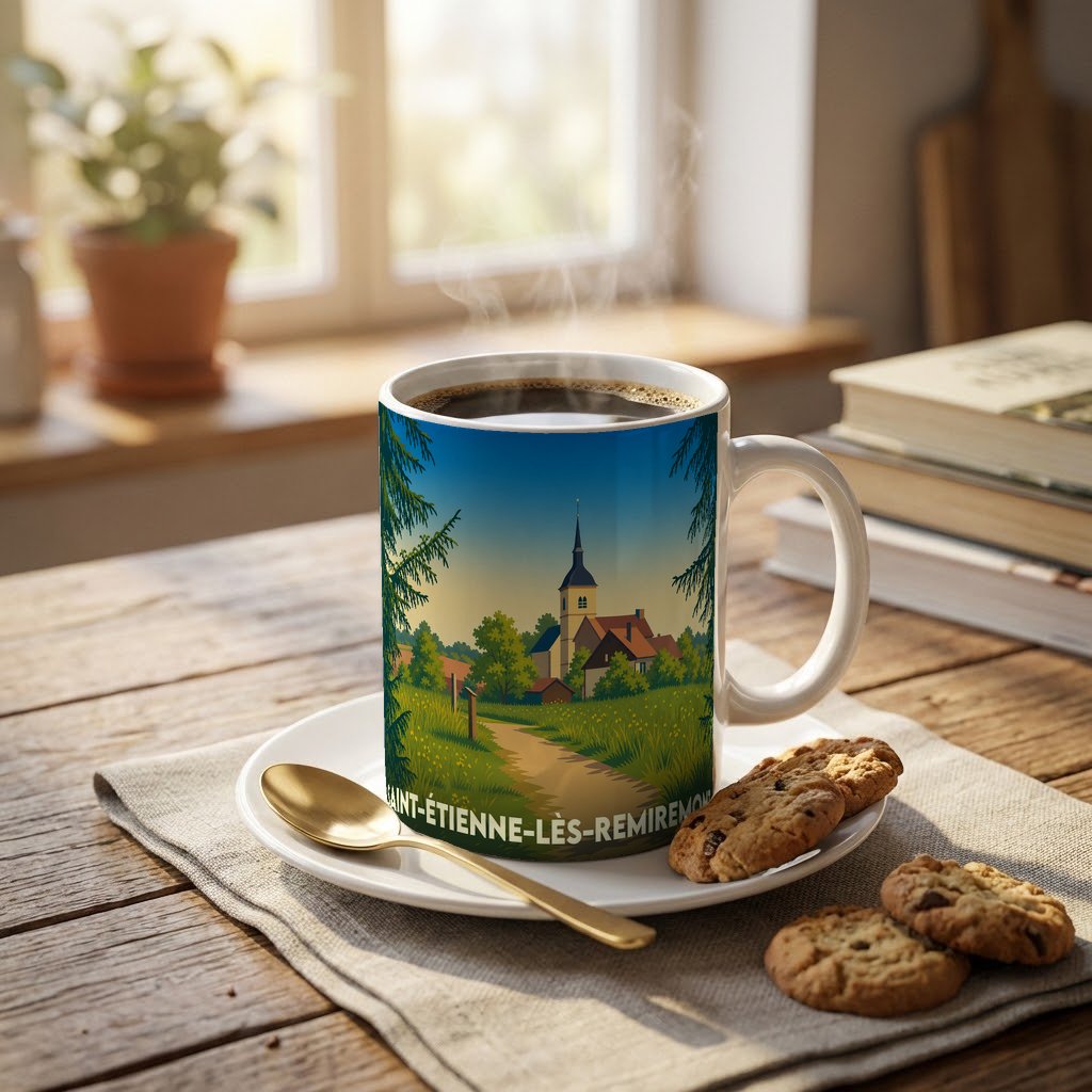 Mug souvenir de la ville de Saint-Étienne-lès-Remiremont avec une illustration stylisée de son paysage rural.
