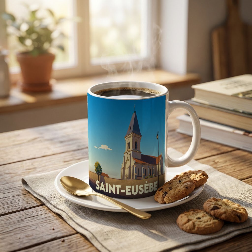 Mug souvenir de la ville de Saint-Eusèbe avec une illustration stylisée d'une église sous un ciel bleu.