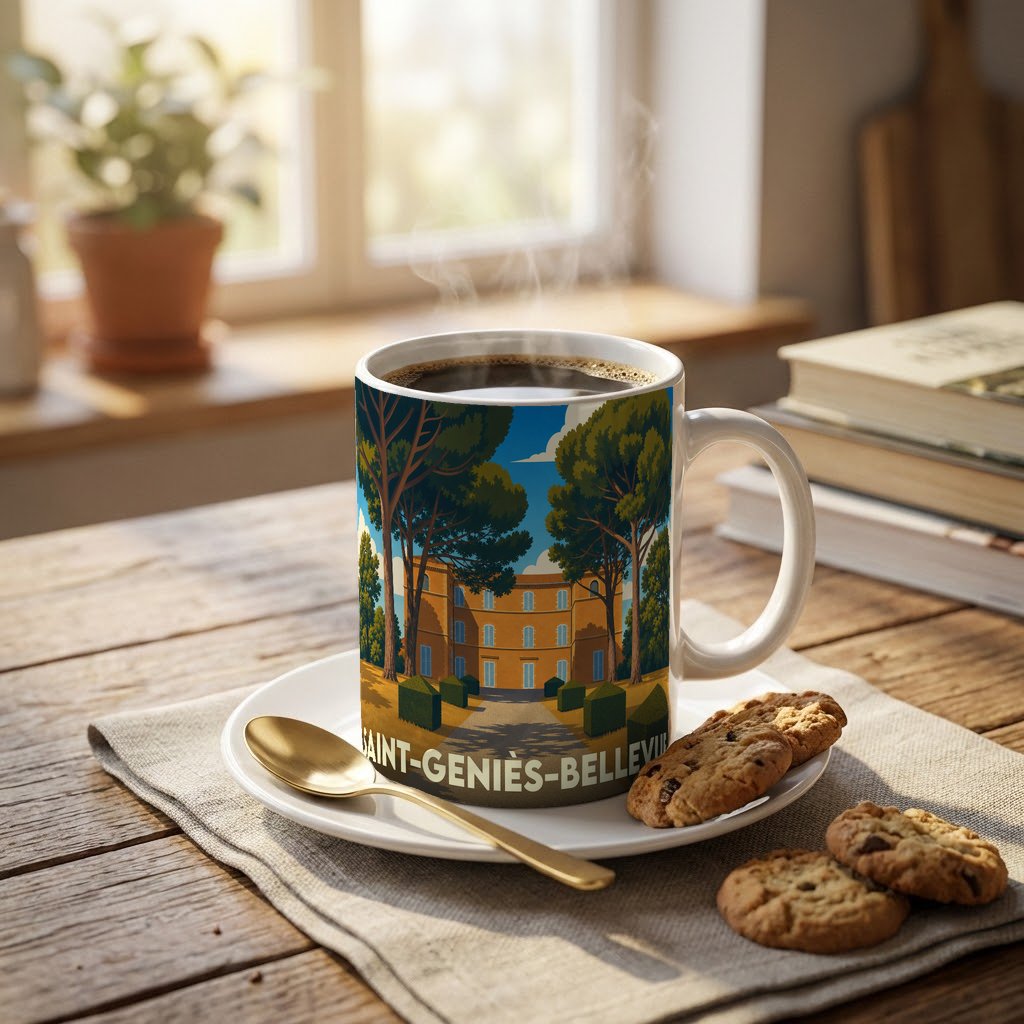 Mug souvenir de la ville de Saint-Geniès-Bellevue avec une illustration stylisée de son château.