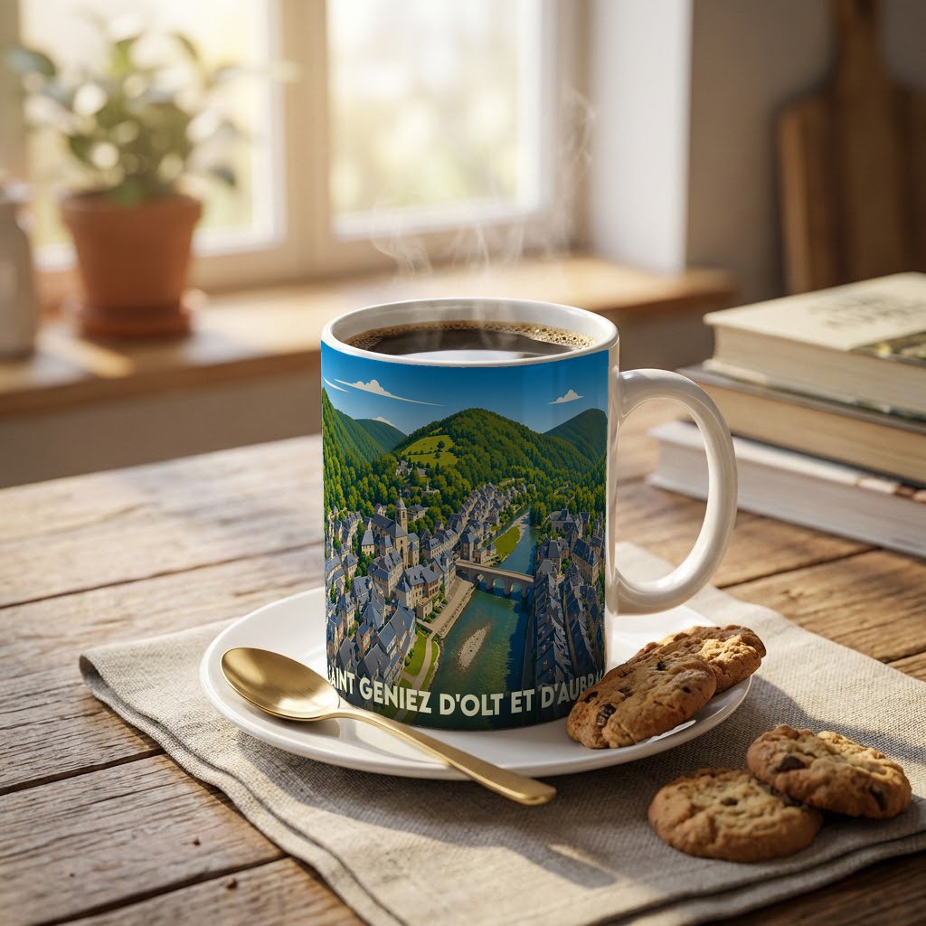 Mug souvenir de la ville de Saint-Geniez-d'Olt-et-d'Aubrac avec une illustration panoramique stylisée.