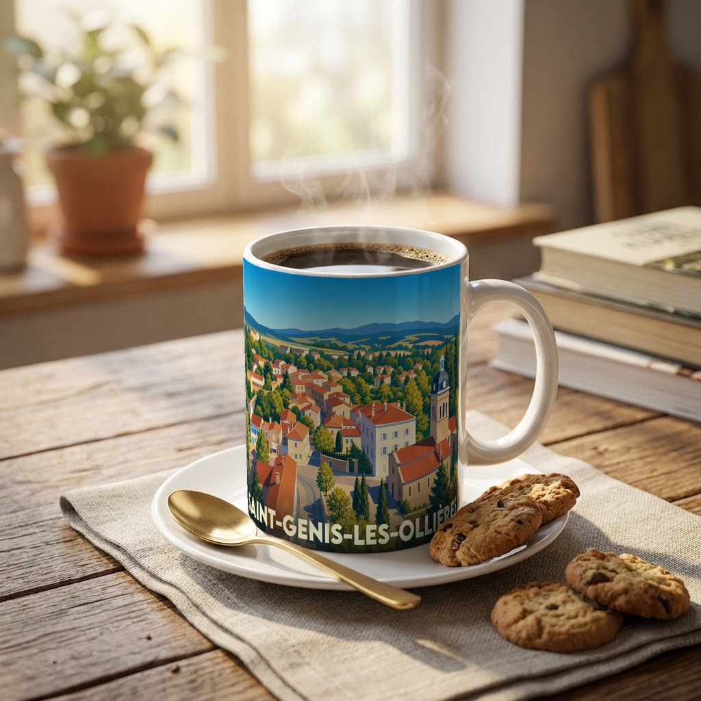 Mug souvenir de la ville de Saint-Genis-les-Ollières orné d'une illustration panoramique et stylisée.