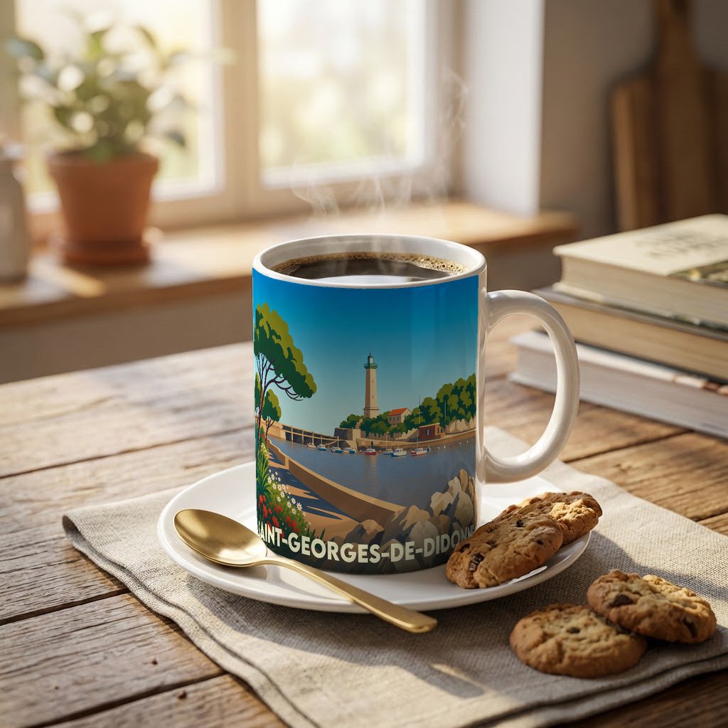 Mug souvenir de la ville de Saint-Georges-de-Didonne orné d'une illustration stylisée de son phare et de son port.
