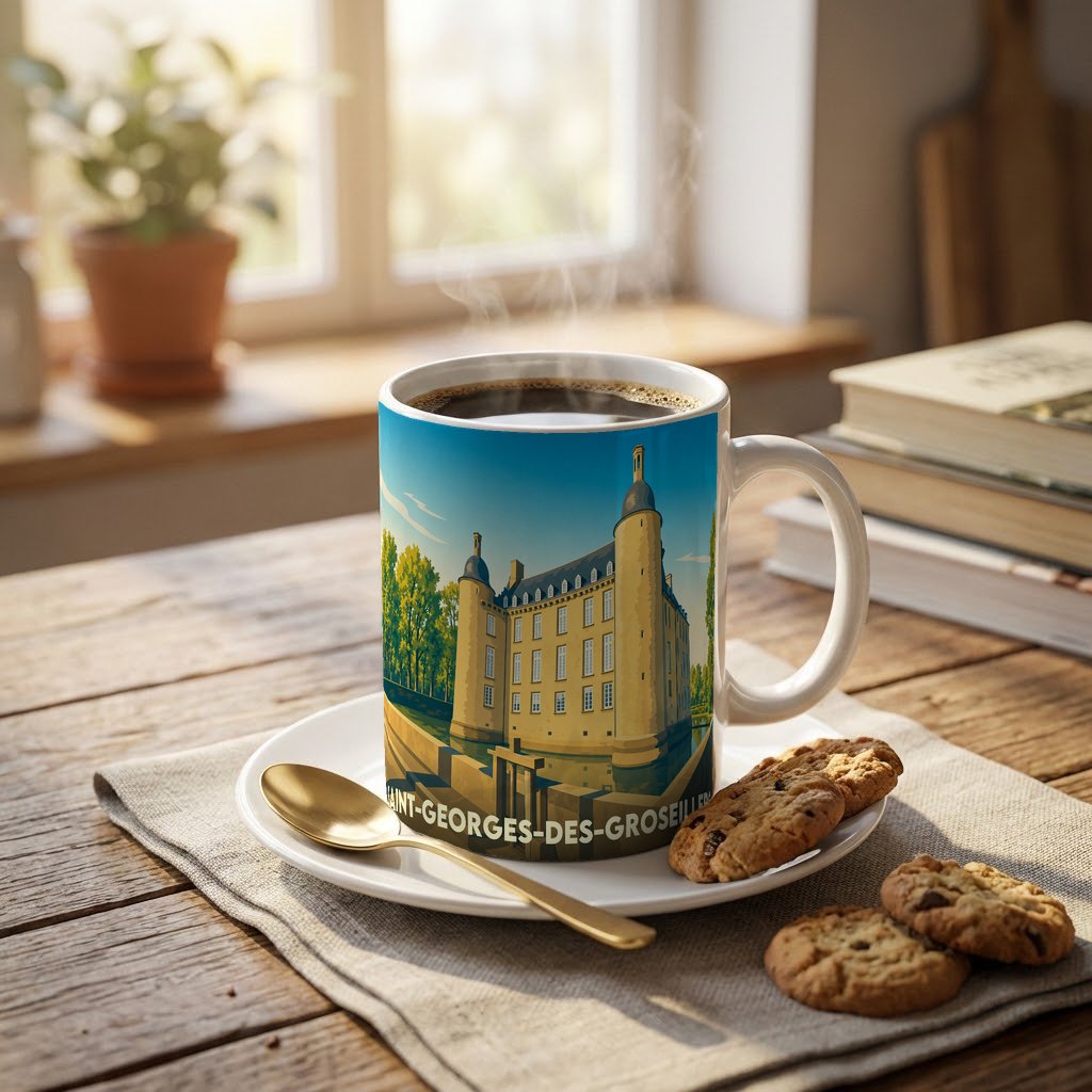 Mug souvenir de la ville de Saint-Georges-des-Groseillers orné d'une illustration stylisée de son château.