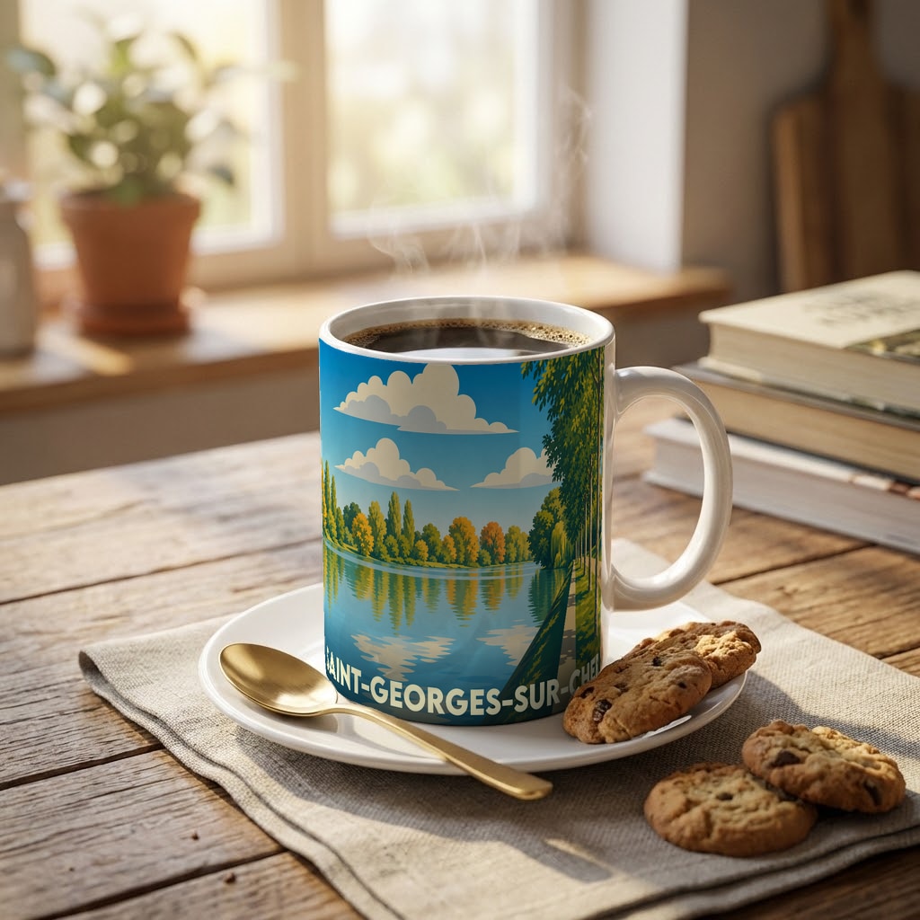 Mug souvenir de la ville de Saint-Georges-sur-Cher avec une illustration stylisée d'un paysage de bord de rivière.