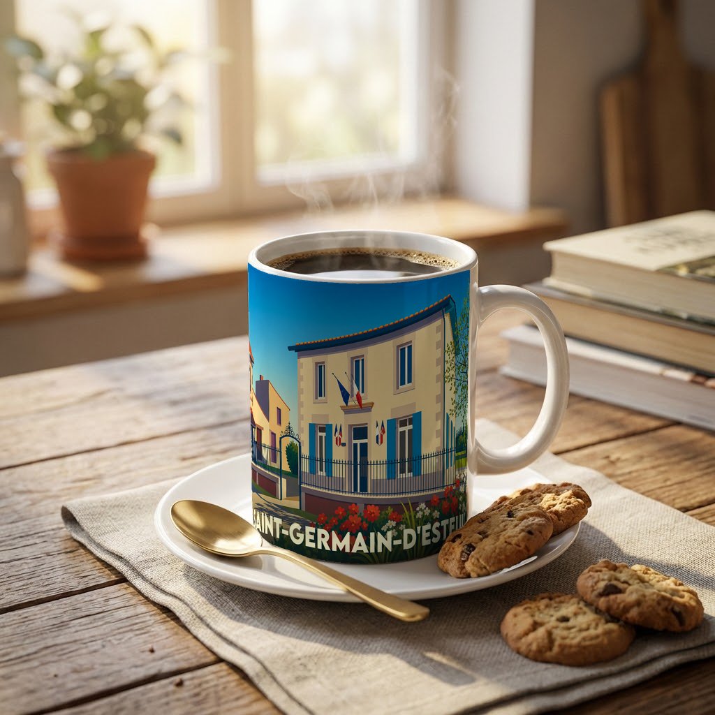 Mug souvenir de la ville de Saint-Germain-d'Esteuil illustré d'un bâtiment typique sous un ciel bleu.