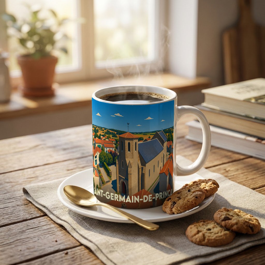 Mug souvenir de la ville de Saint-Germain-de-Prinçay avec une illustration stylisée d'une église et de paysages ruraux.