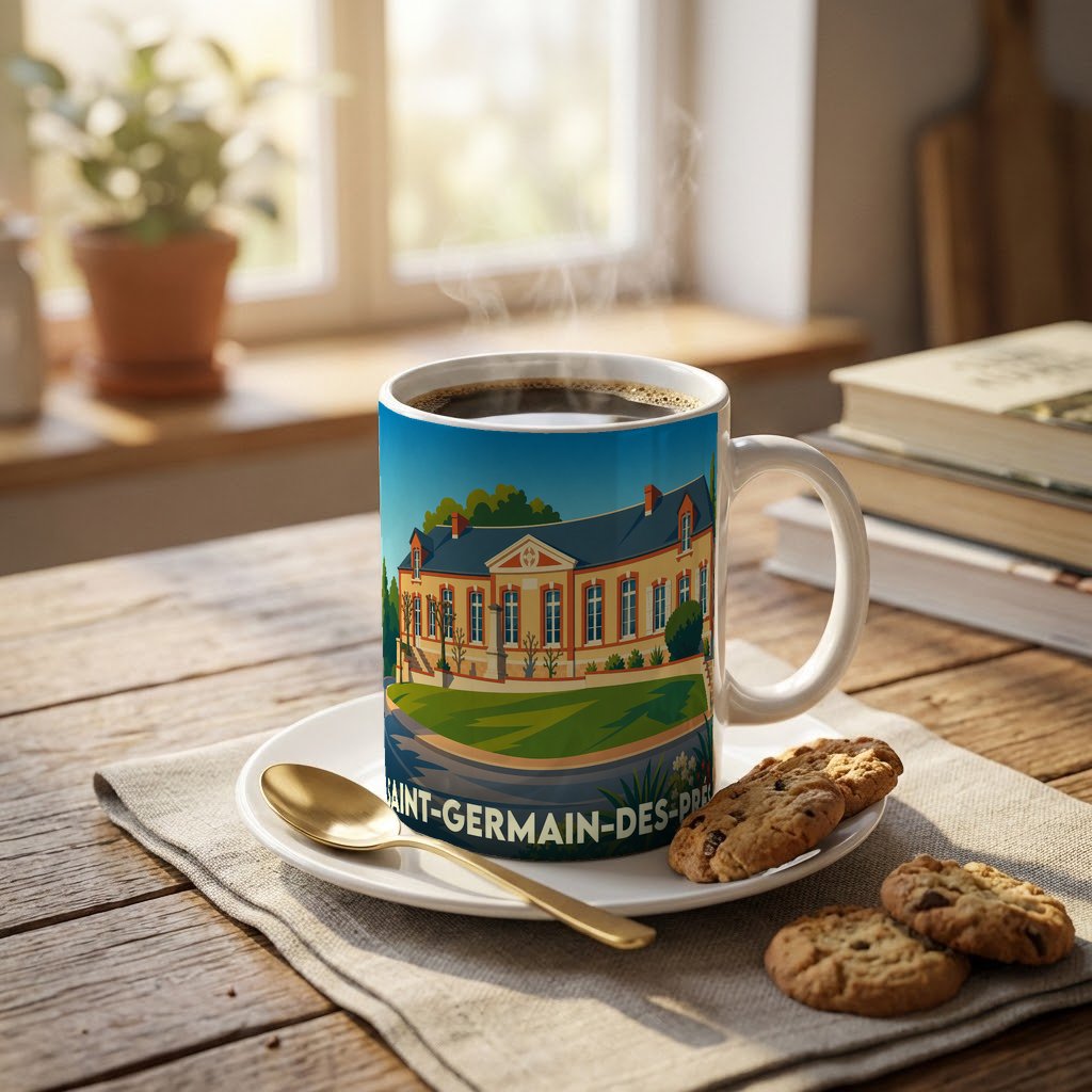 Mug souvenir de la ville de Saint-Germain-des-Prés orné d'une illustration stylisée de son architecture.
