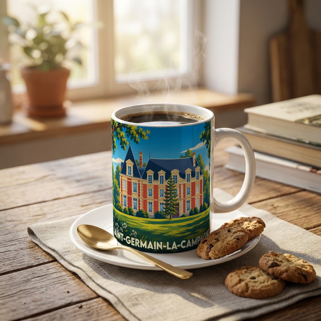 Mug souvenir de la ville de Saint-Germain-la-Campagne avec une illustration stylisée de château.