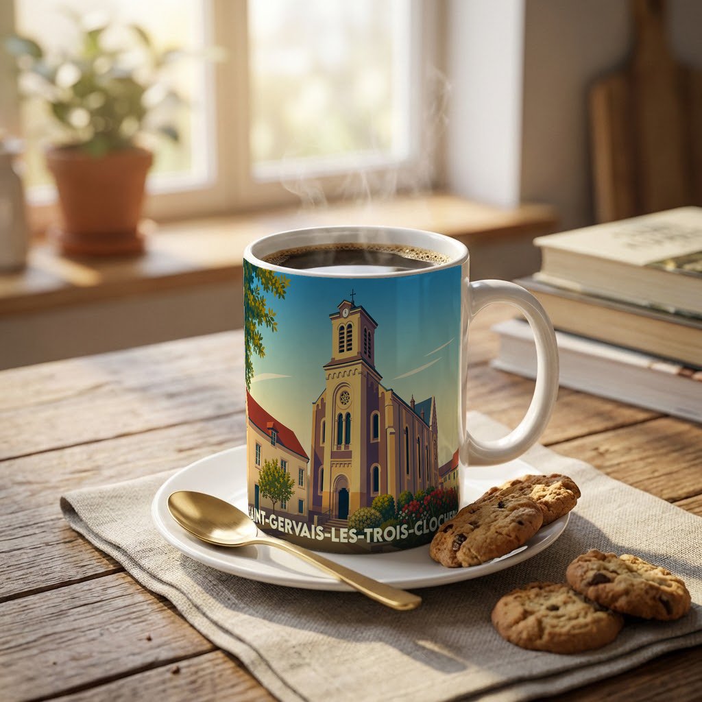 Mug souvenir de la ville de Saint-Gervais-les-Trois-Clochers illustré d'un dessin stylisé de son église.
