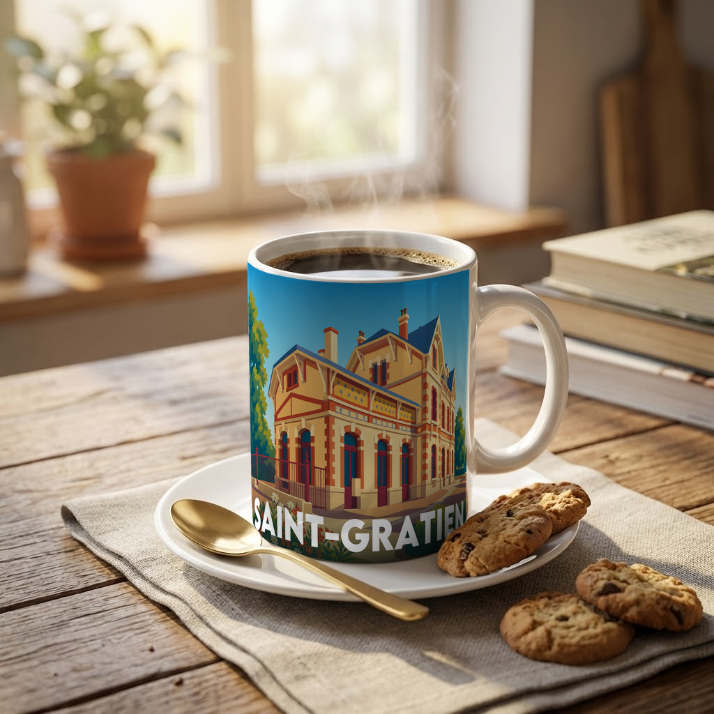 Mug souvenir de la ville de Saint-Gratien avec une illustration stylisée.