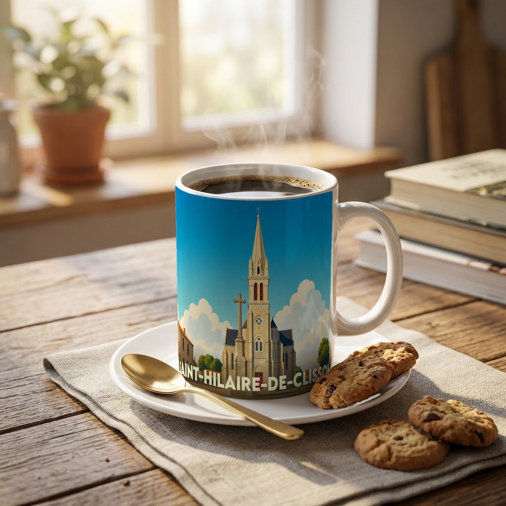 Mug souvenir de la ville de Saint-Hilaire-de-Clisson avec une illustration stylisée d'une église.