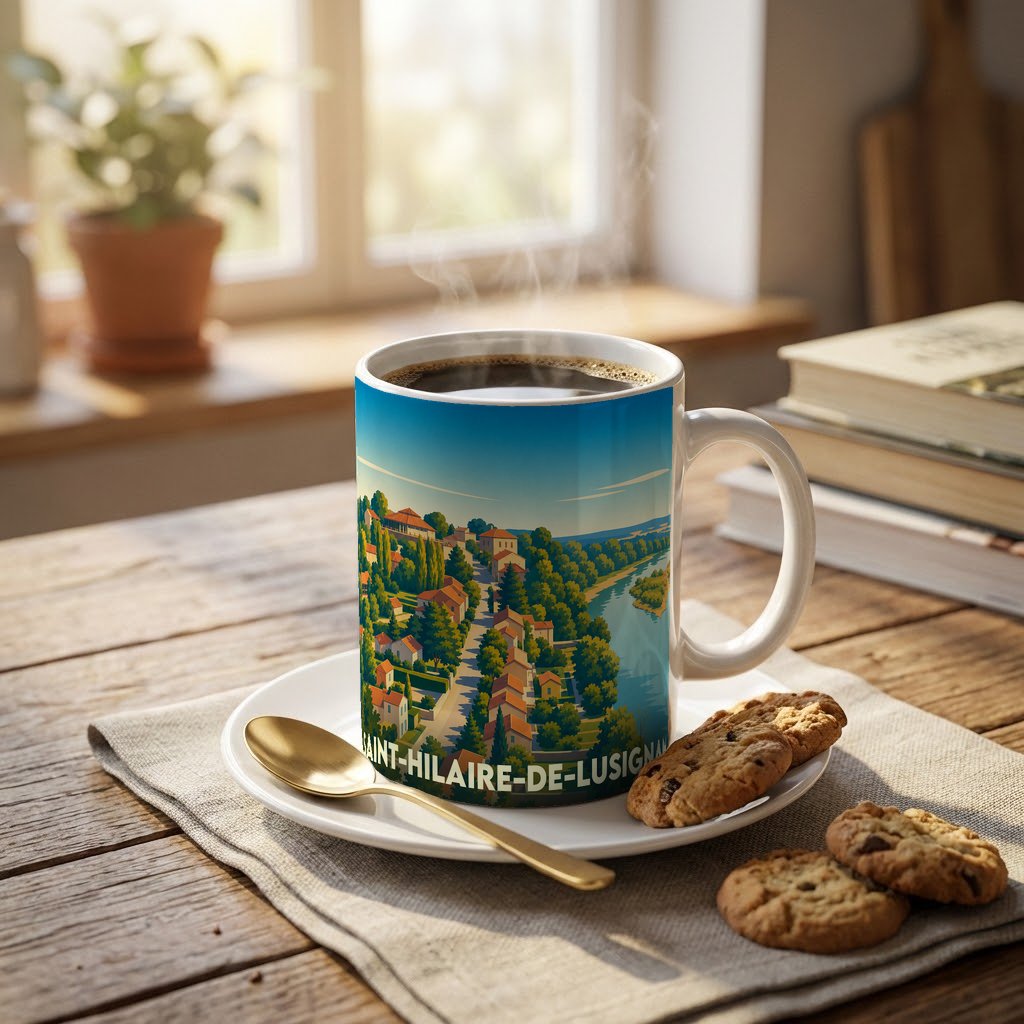 Mug souvenir de la ville de Saint-Hilaire-de-Lusignan avec une illustration paysagère stylisée.