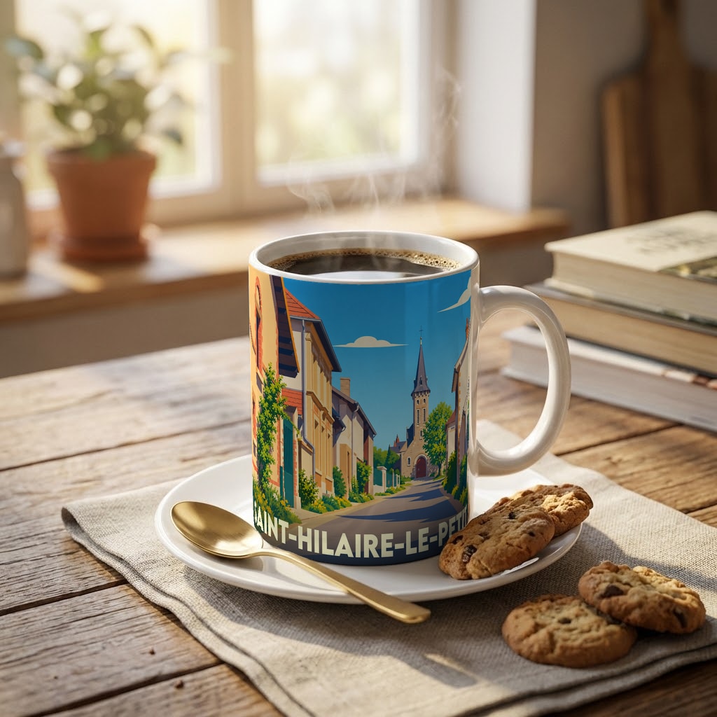 Mug souvenir de la ville de Saint-Hilaire-le-Petit orné d'une illustration stylisée de ses rues et de son église.