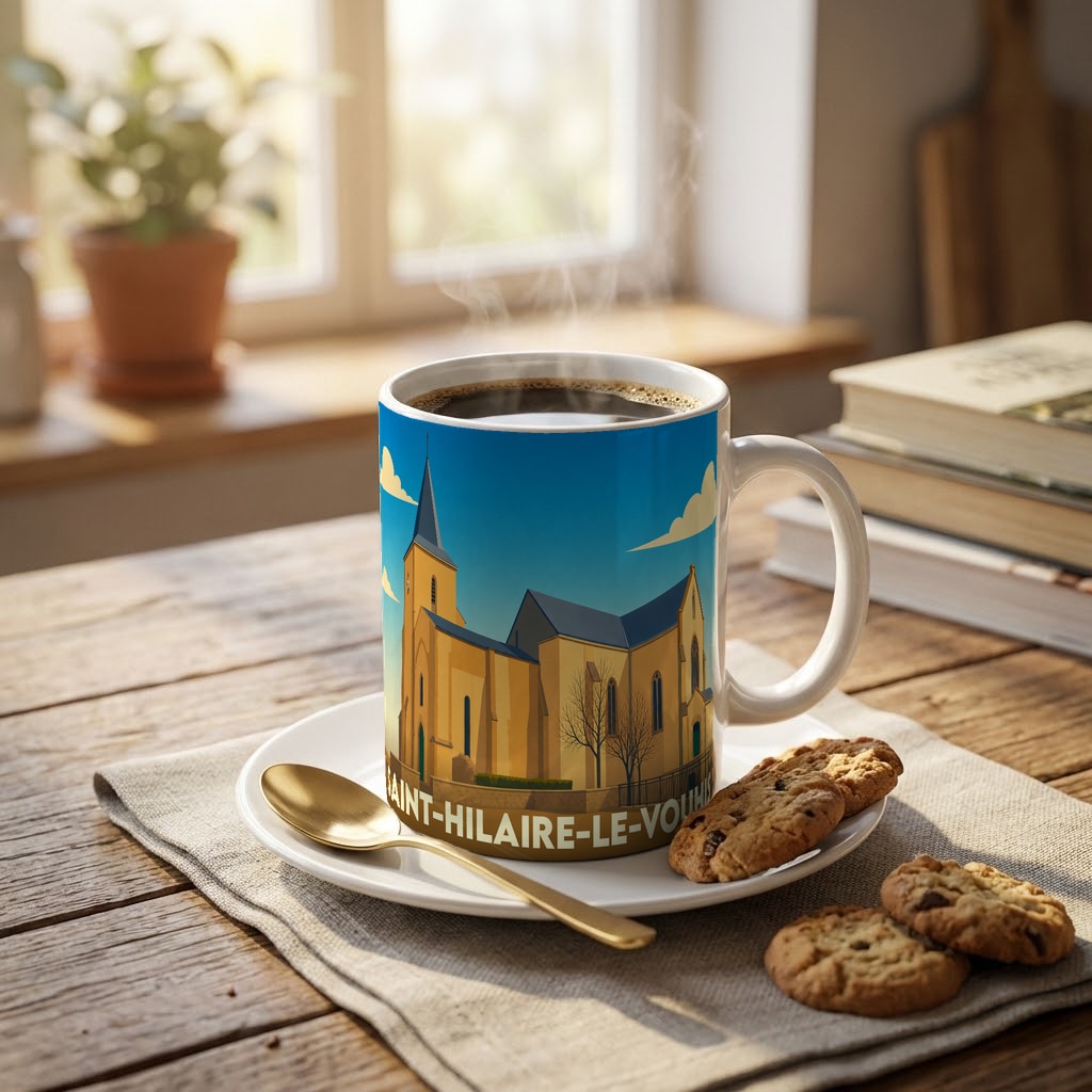 Mug souvenir de la ville de Saint-Hilaire-le-Vouhis orné d'une illustration stylisée de son église.
