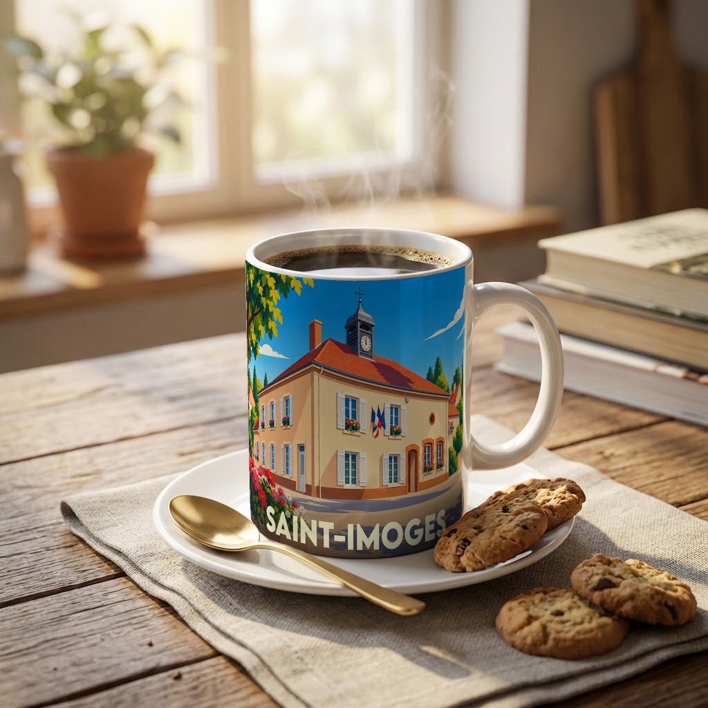Mug souvenir de la ville de Saint-Imoges avec une illustration colorée de sa mairie.