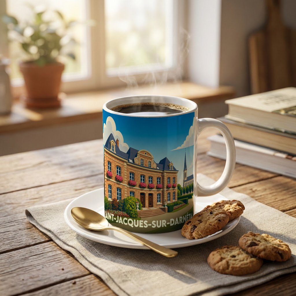 Mug souvenir de la ville de Saint-Jacques-sur-Darnétal orné d'une illustration stylisée de sa mairie.