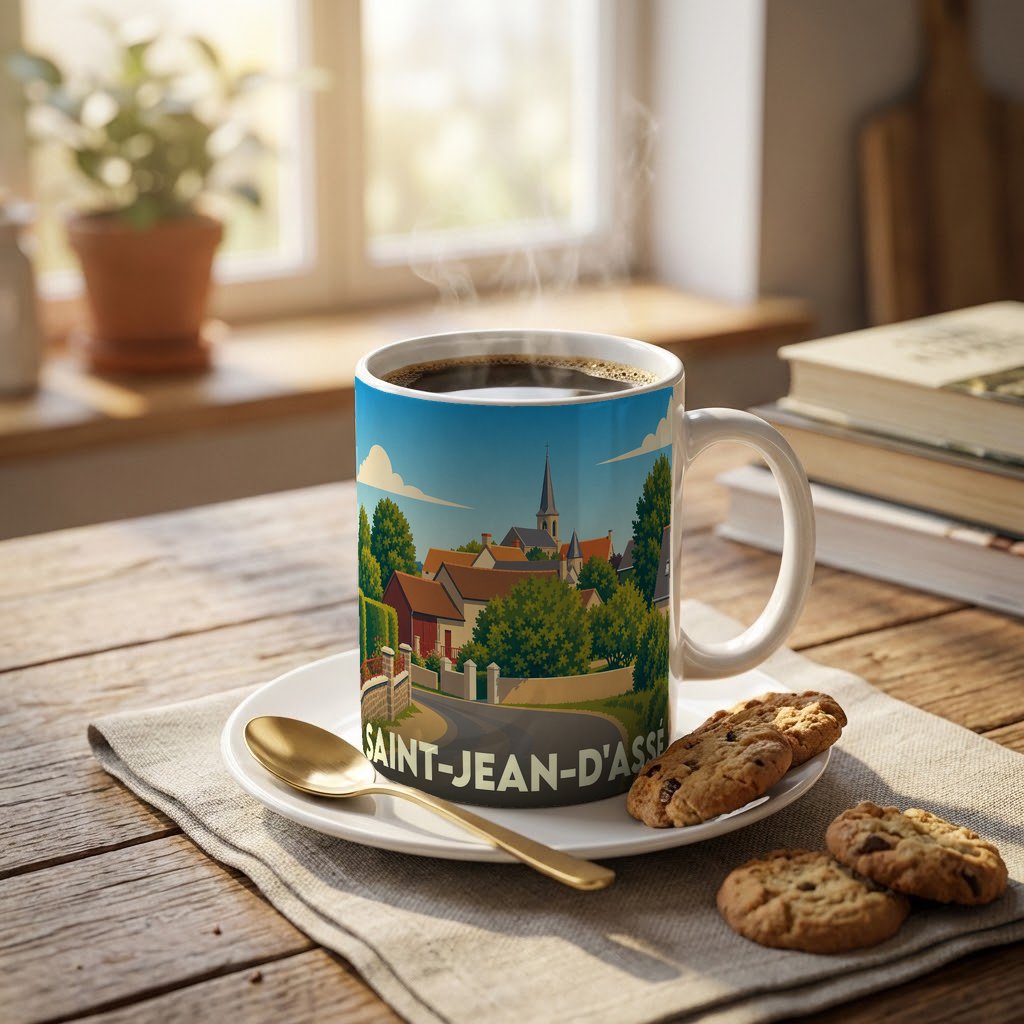 Mug souvenir de la ville de Saint-Jean-d'Assé avec une illustration stylisée.