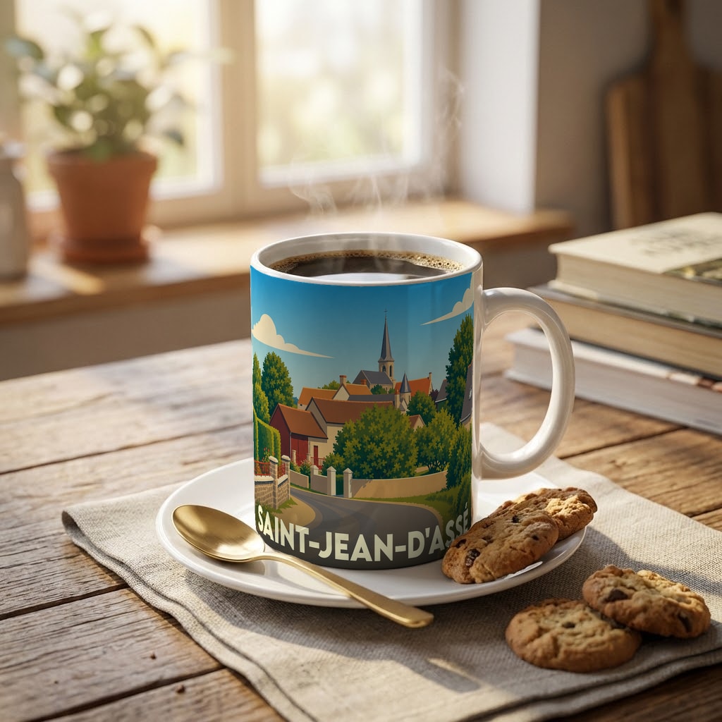 Mug souvenir de la ville de Saint-Jean-d'Assé avec une illustration stylisée.