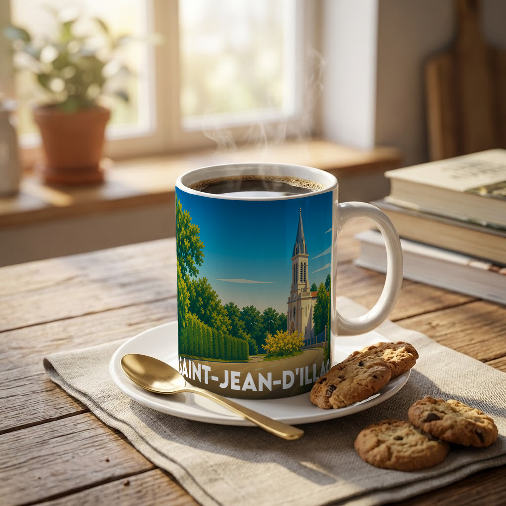 Mug souvenir de la ville de Saint-Jean-d'Illac avec une illustration stylisée de son église.