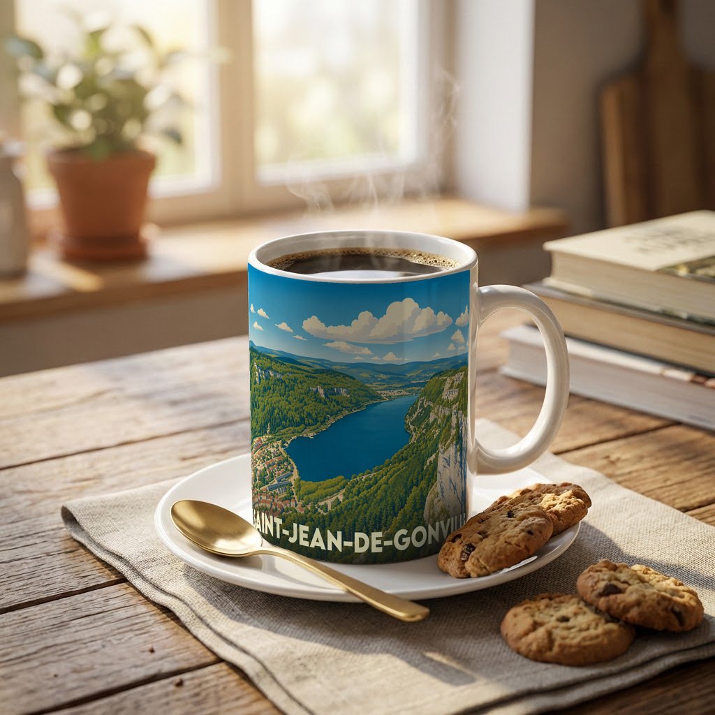 Mug souvenir de la ville de Saint-Jean-de-Gonville orné d'une illustration paysagère stylisée.