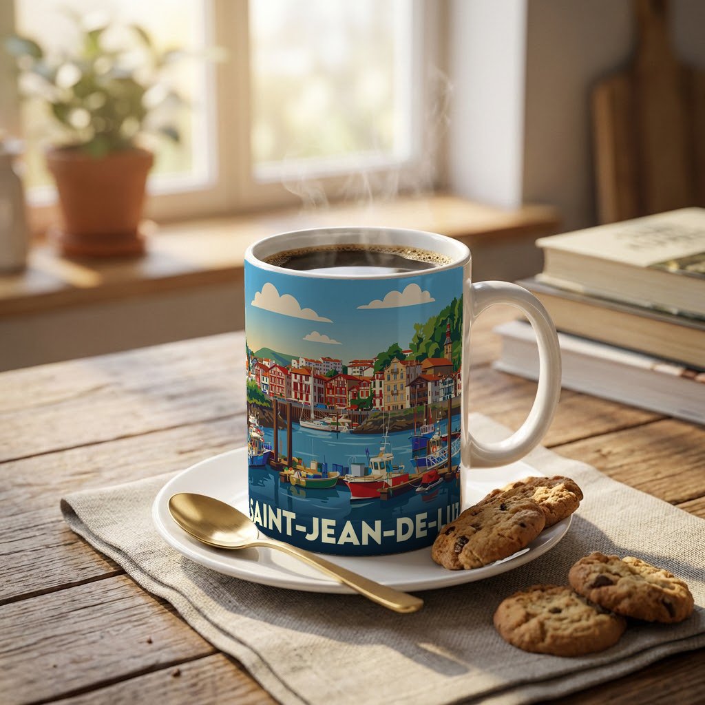 Mug souvenir de la ville de Saint-Jean-de-Luz avec une illustration stylisée de son port.