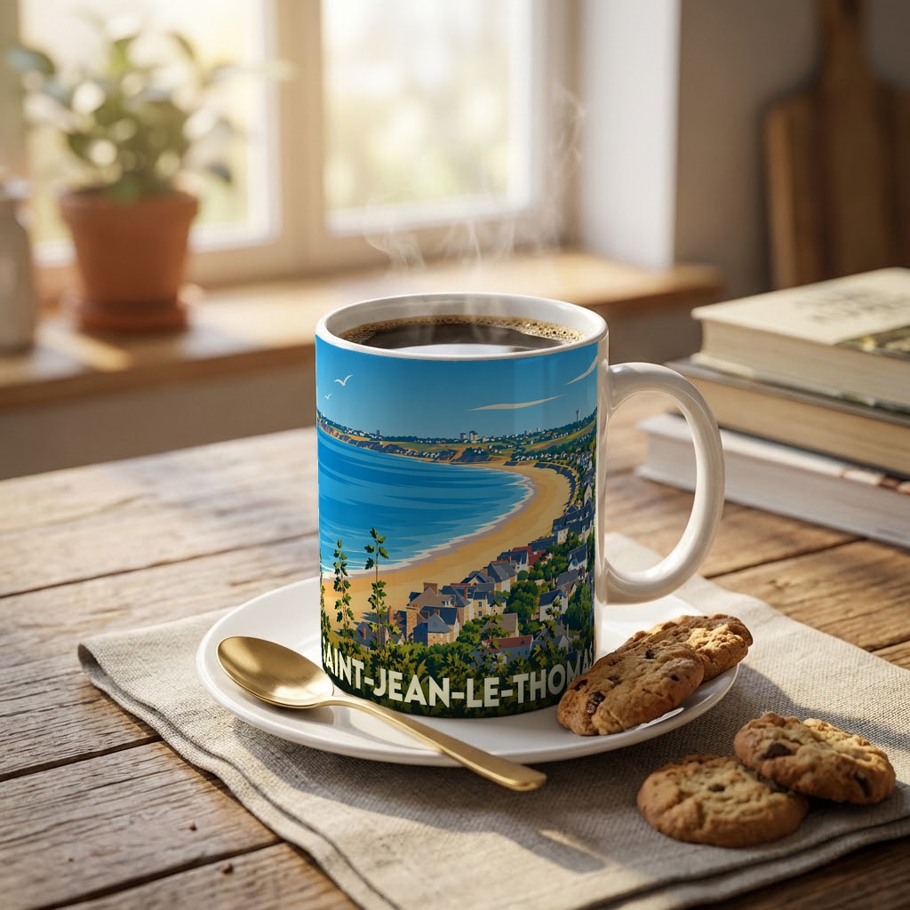Mug souvenir de la ville de Saint-Jean-le-Thomas orné d'une illustration stylisée de sa baie.