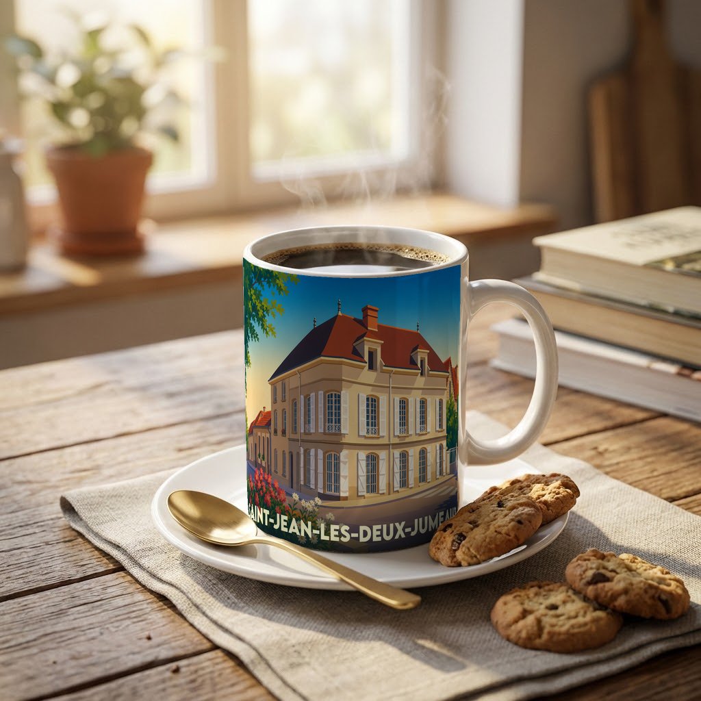 Mug souvenir de la ville de Saint-Jean-les-Deux-Jumeaux illustré d'une demeure historique stylisée.