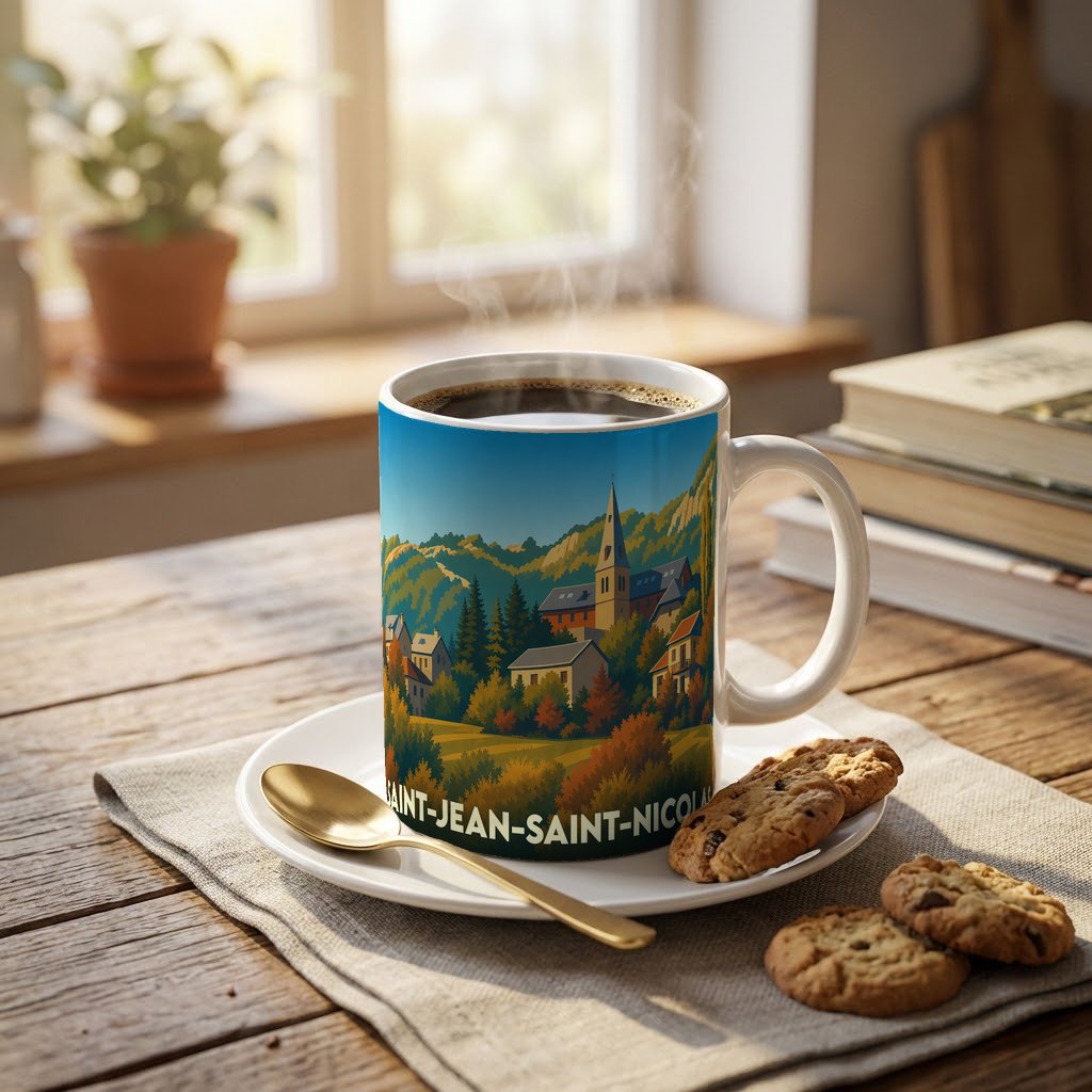 Mug souvenir de la ville de Saint-Jean-Saint-Nicolas avec une illustration paysagère stylisée.