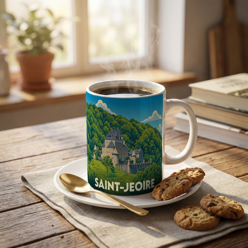 Mug souvenir de la ville de Saint-Jeoire orné d'une illustration stylisée de son château et de ses montagnes.
