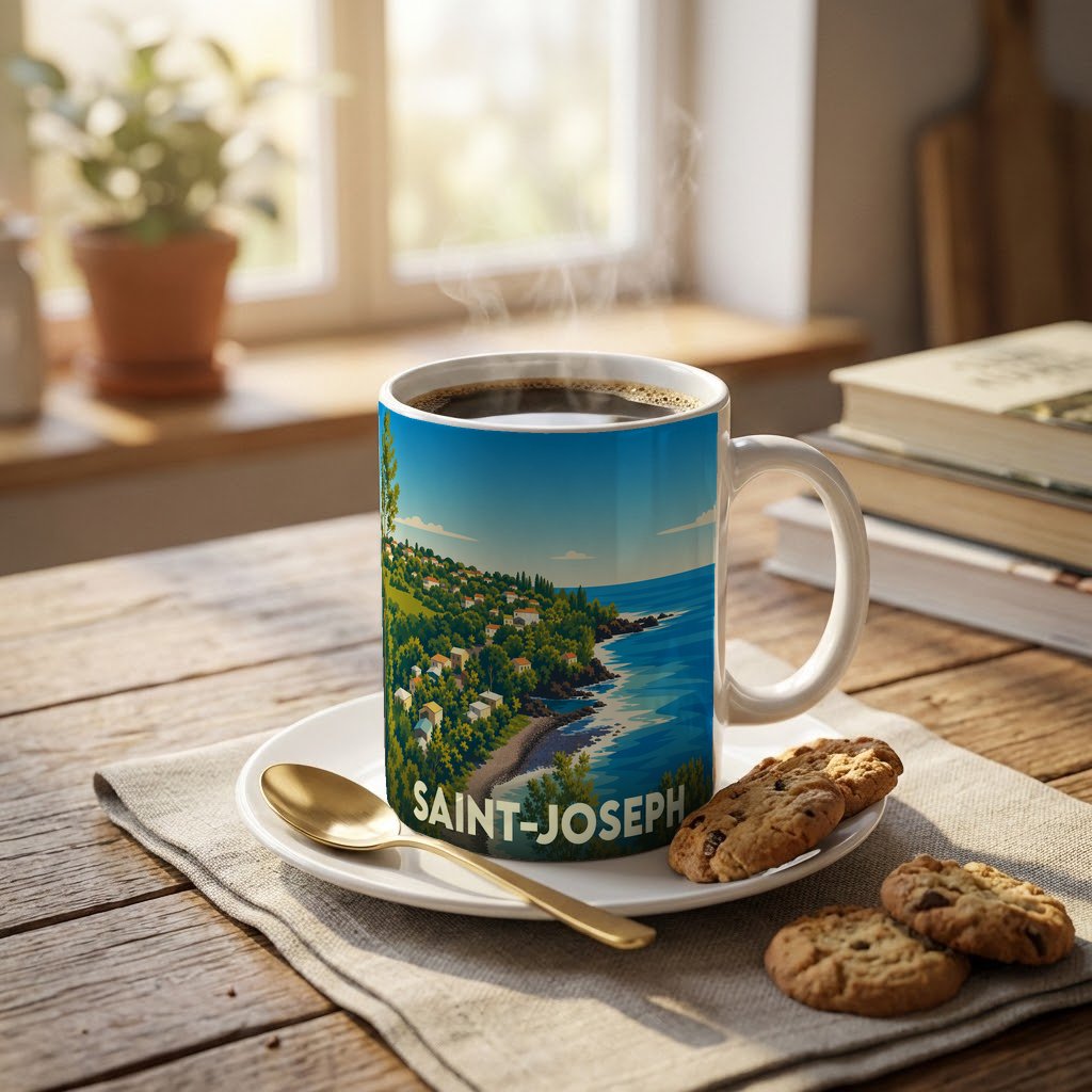 Mug souvenir de la ville de Saint-Joseph illustré d'un paysage côtier stylisé.