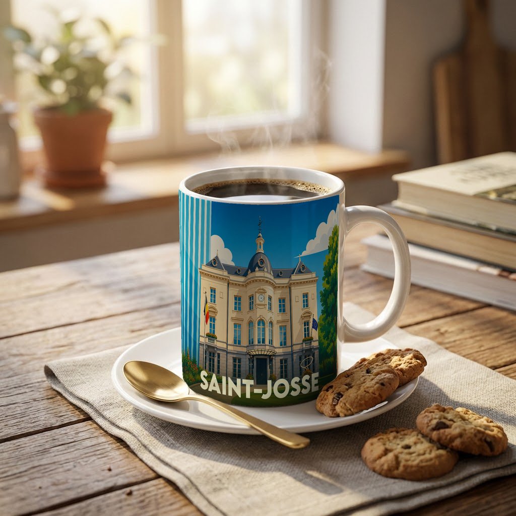 Mug souvenir de la commune de Saint-Josse orné d'une illustration stylisée de sa maison communale.