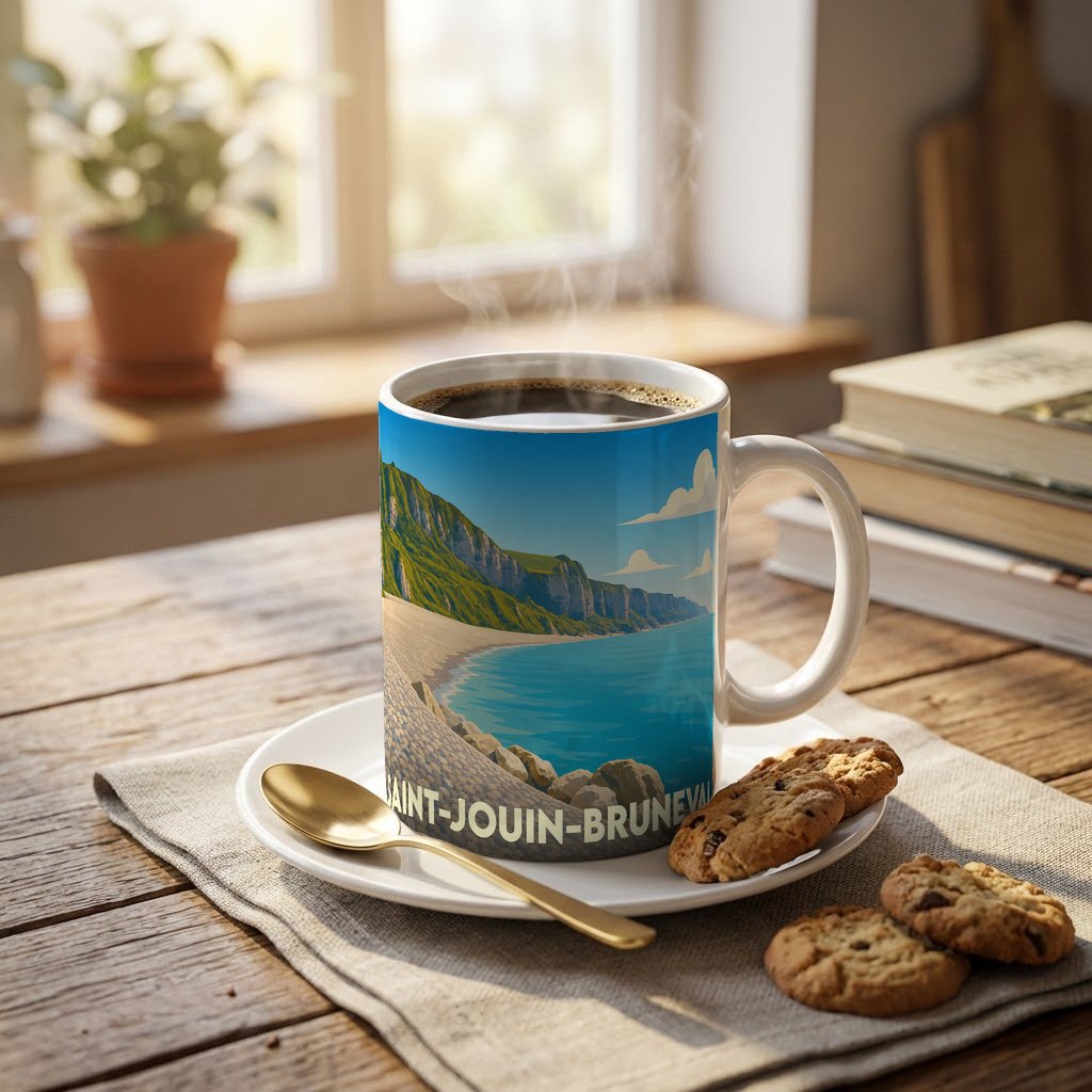 Mug souvenir de la ville de Saint-Jouin-Bruneval illustrant ses falaises et sa plage.