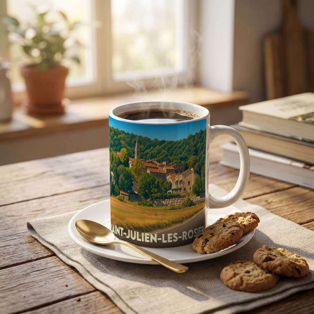 Mug souvenir de la ville de Saint-Julien-les-Rosiers avec une illustration stylisée d'un village provençal.