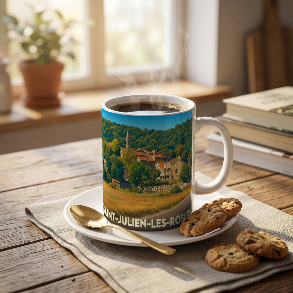 Mug souvenir de la ville de Saint-Julien-les-Rosiers avec une illustration stylisée d'un village provençal.