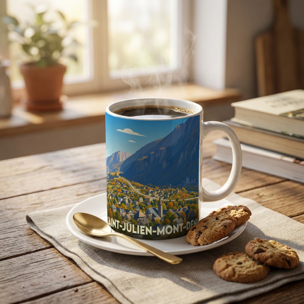 Mug souvenir de la ville de Saint-Julien-Mont-Denis avec une illustration stylisée d'un paysage montagneux.