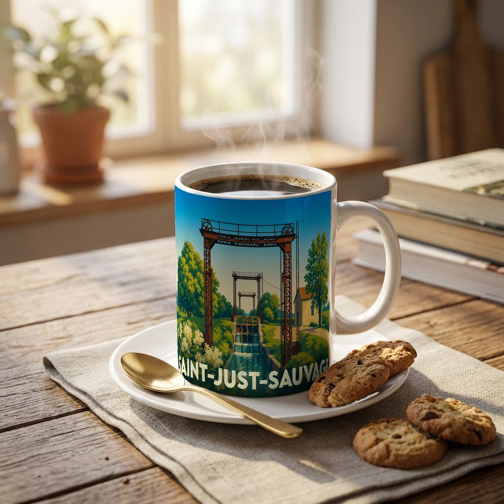 Mug souvenir de la ville de Saint-Just-Sauvage illustré d'un paysage stylisé.