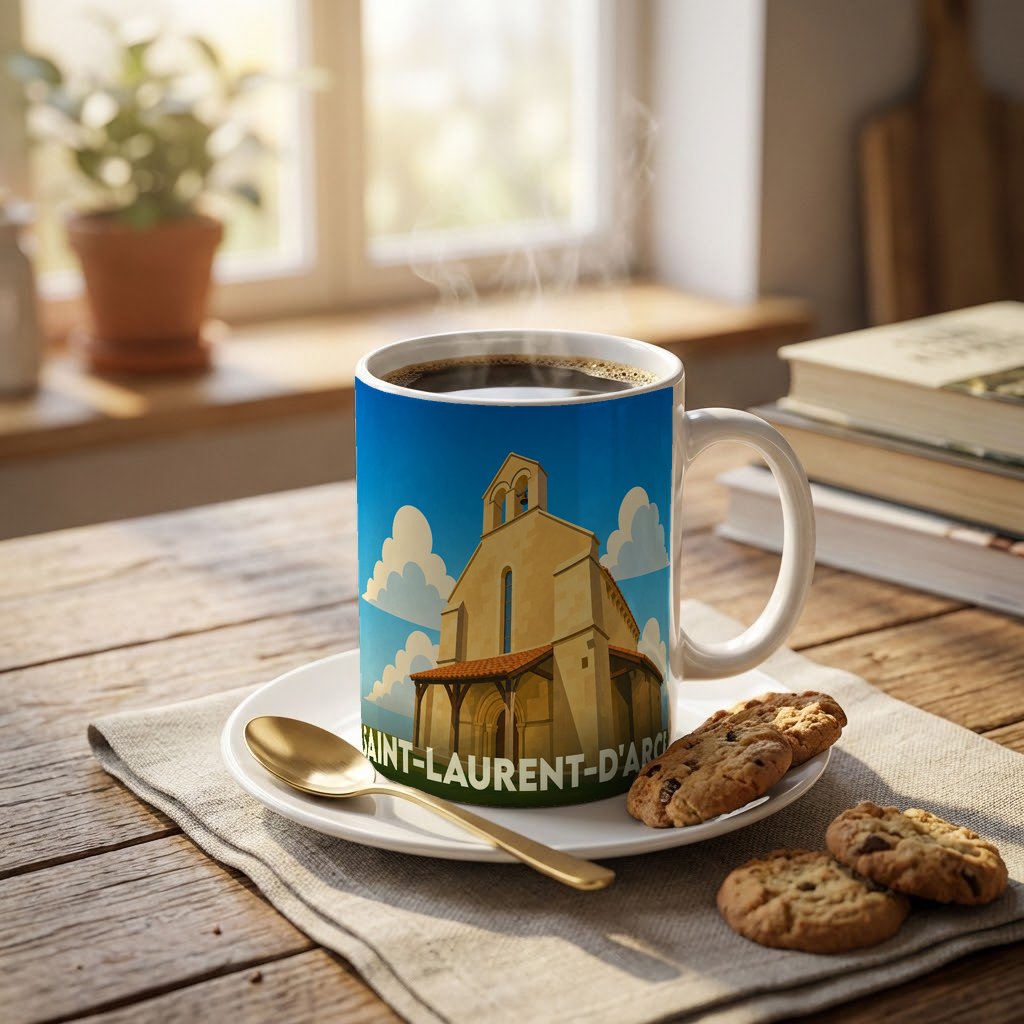 Mug souvenir de la ville de Saint-Laurent-d'Arce avec une illustration stylisée d'une église sous un ciel bleu.