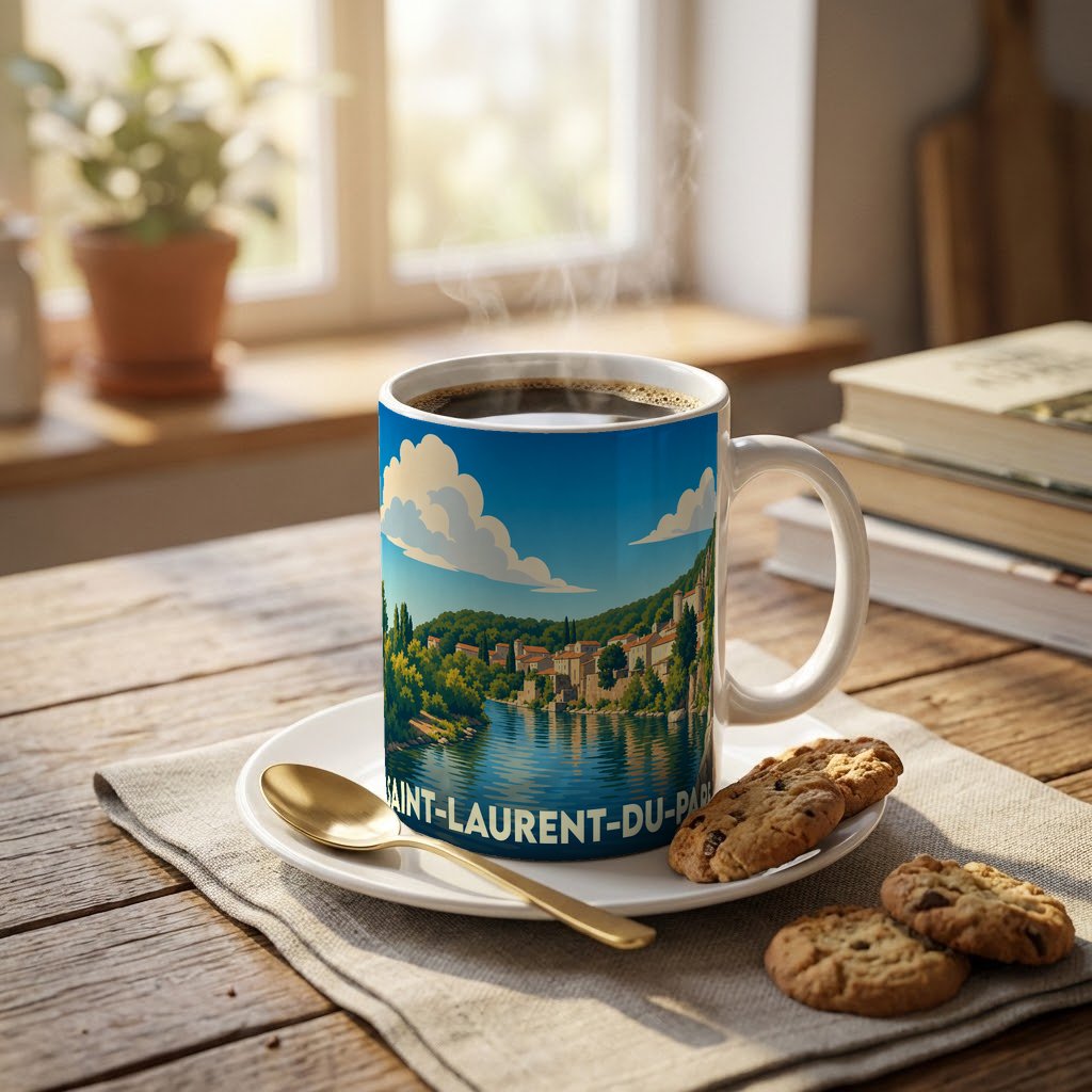 Mug souvenir de la ville de Saint-Laurent-du-Pape avec une illustration stylisée de son paysage fluvial.