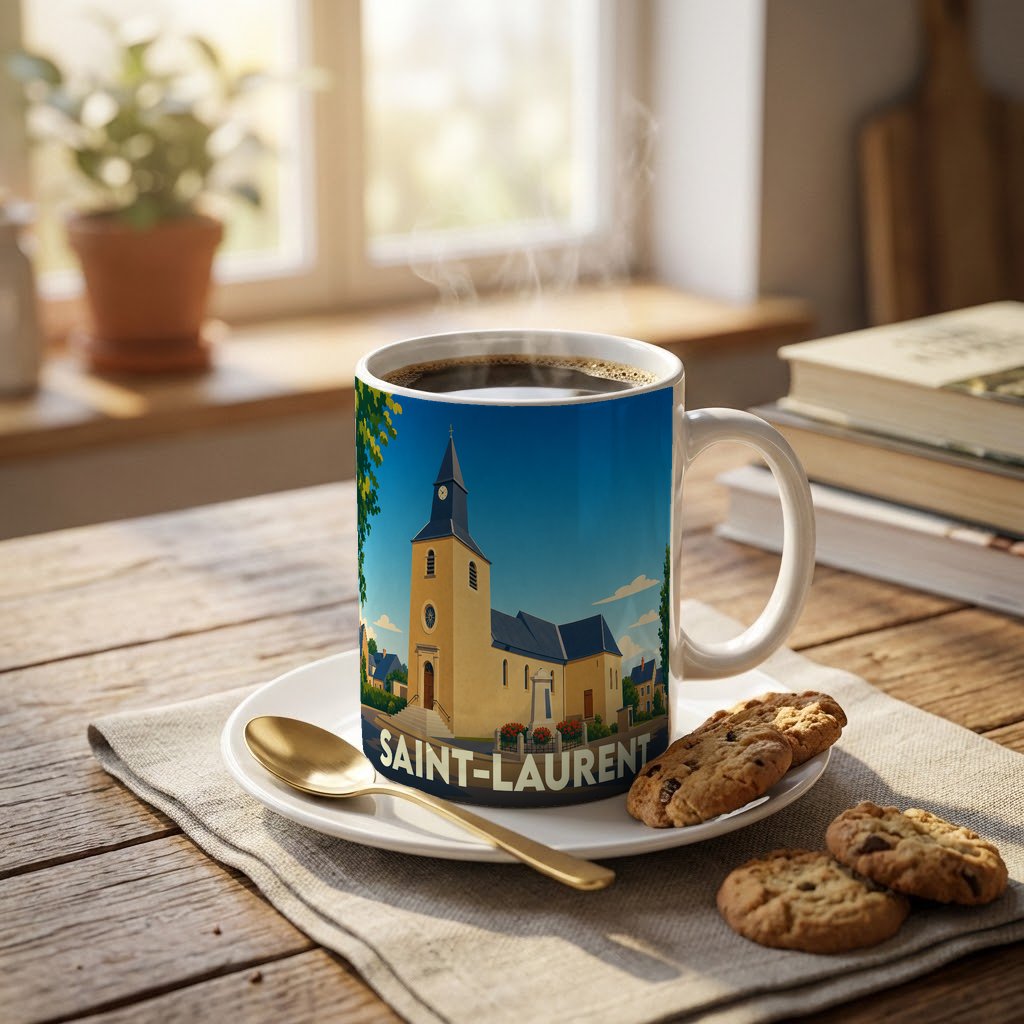 Mug souvenir de la ville de Saint-Laurent avec une illustration stylisée de son église.