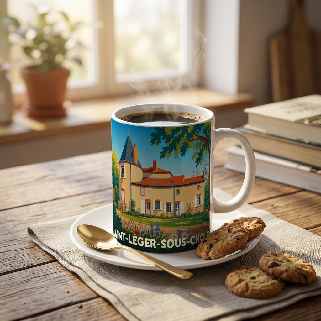 Mug souvenir de la ville de Saint-Léger-sous-Cholet avec une illustration stylisée d'un manoir.