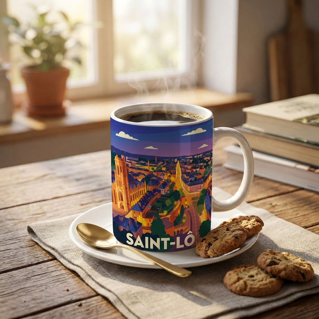 Mug souvenir de la ville de Saint-Lô avec une illustration stylisée et colorée.