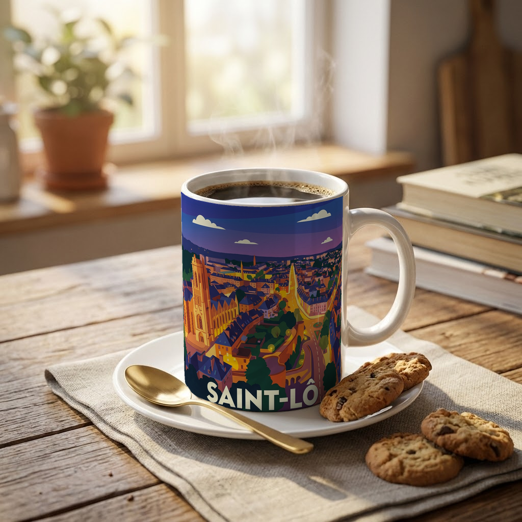 Mug souvenir de la ville de Saint-Lô avec une illustration stylisée et colorée.