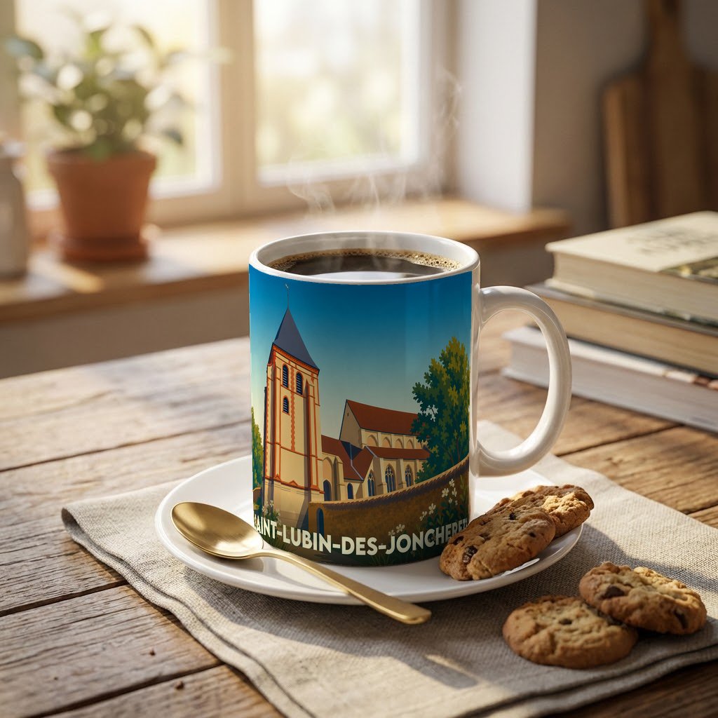 Mug souvenir de la ville de Saint-Lubin-des-Joncherets illustré d'une vue stylisée de son église.