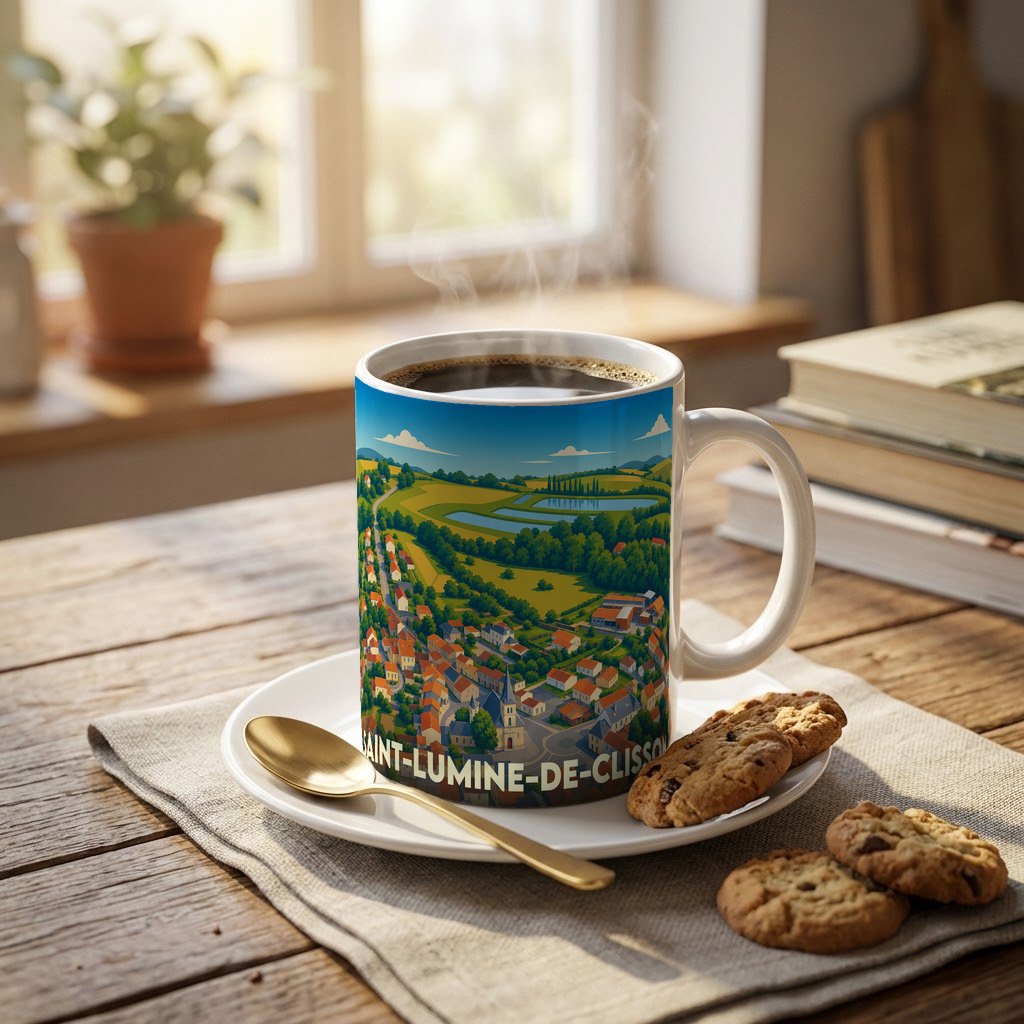 Mug souvenir de la ville de Saint-Lumine-de-Clisson avec une illustration stylisée de son paysage urbain et rural.