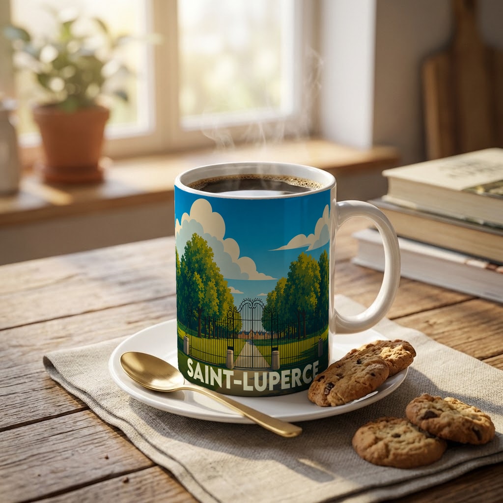 Mug souvenir de la ville de Saint-Luperce orné d'une illustration stylisée de parc et de grilles anciennes.
