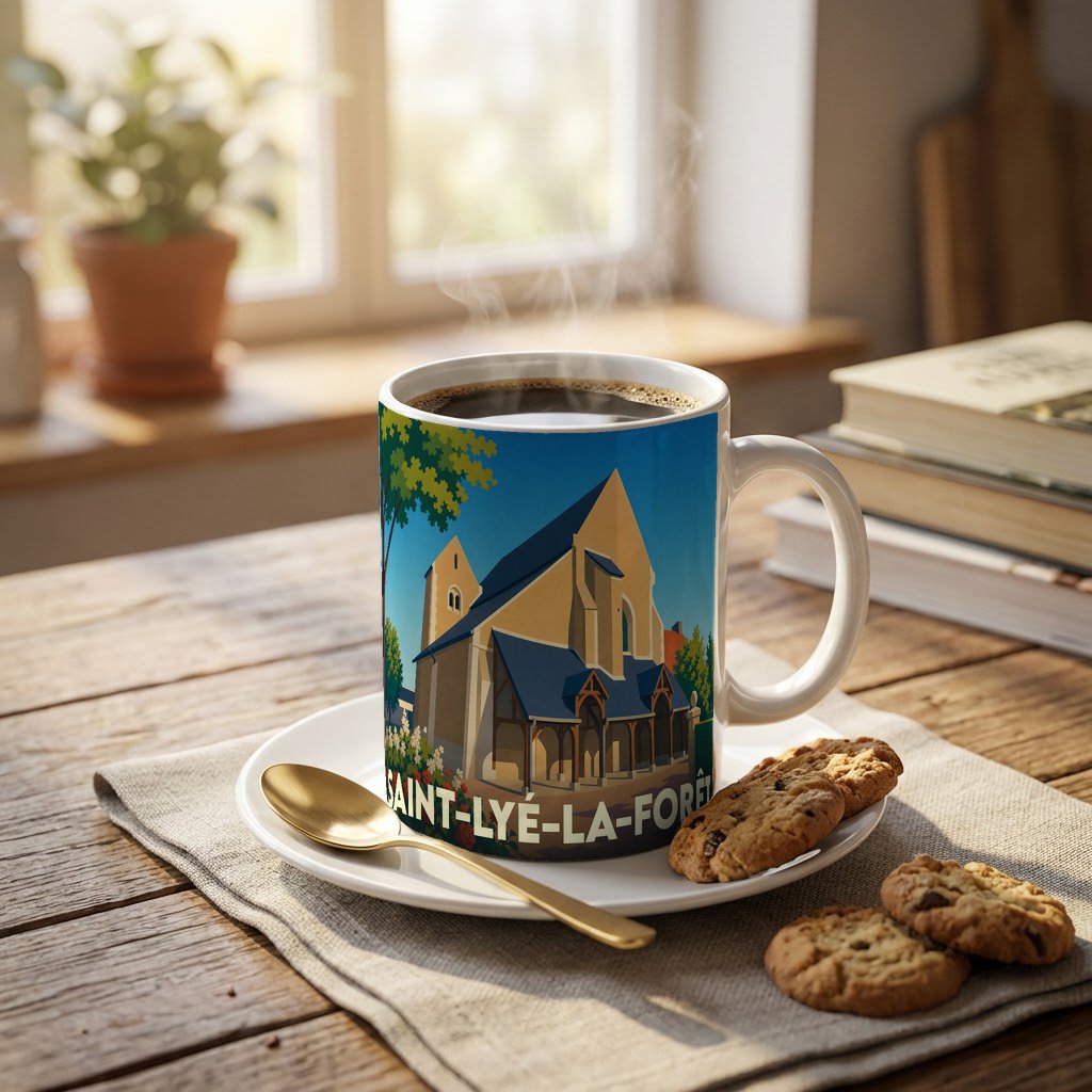 Mug souvenir de la ville de Saint-Lyé-la-Forêt avec une illustration stylisée de son église.
