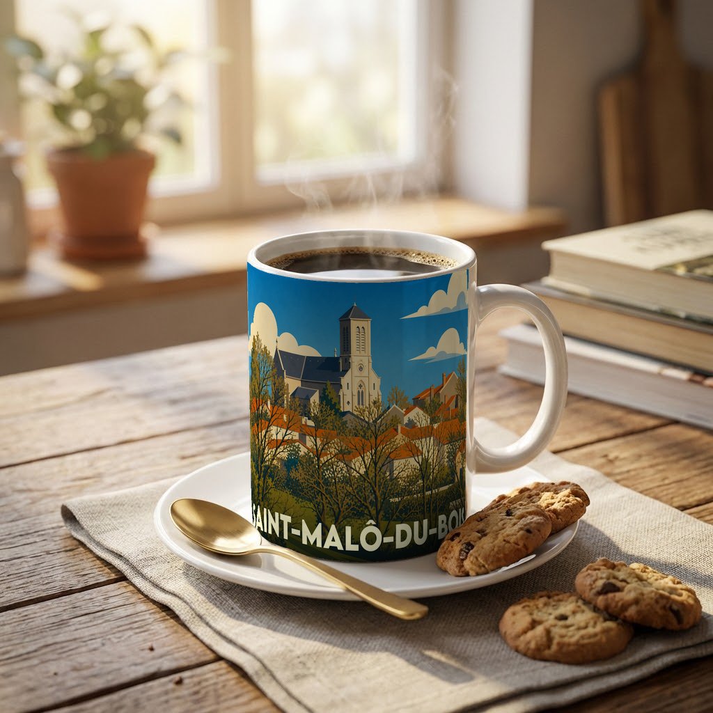 Mug souvenir de la ville de Saint-Malô-du-Bois avec une illustration stylisée d'un village français.