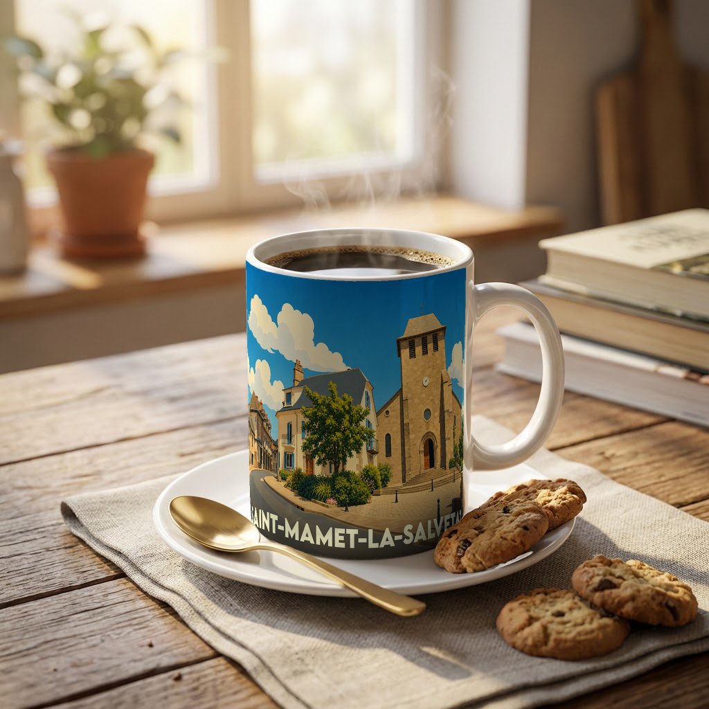 Mug souvenir de la ville de Saint-Mamet-la-Salvetat avec une illustration stylisée de son église et de ses maisons.